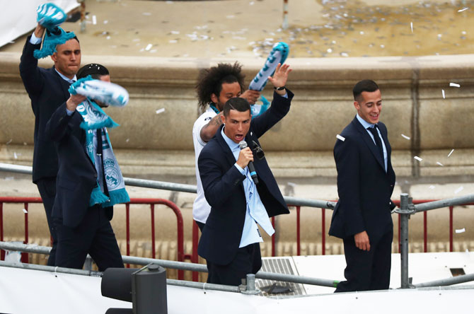 Real Madrid's Cristiano Ronaldo celebrates during victory celebrations