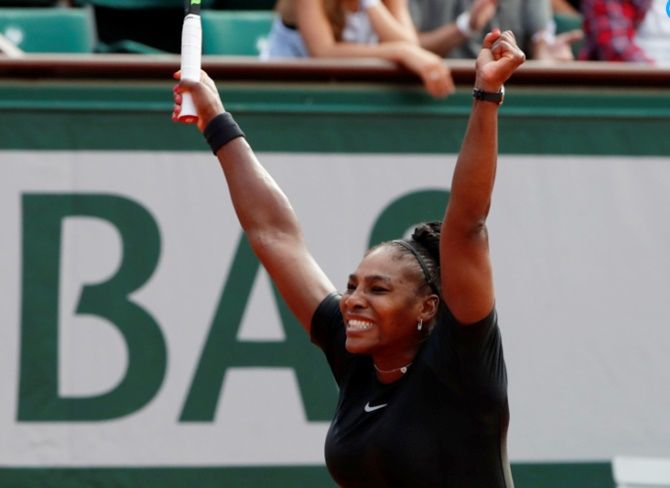 Serena Williams celebrates after beating Krystina Pliskova on Tuesday