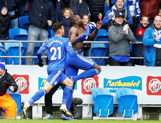 Cardiff City's Sol Bamba celebrates on scoring the late winner against 10-man Brighton & Hove Albion during their EPL match on Saturday