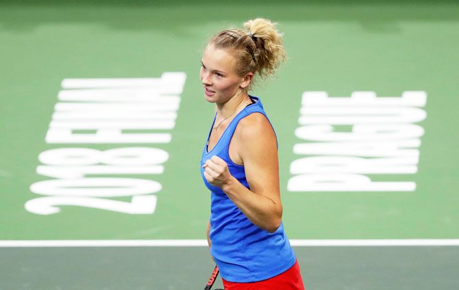 Czech Republic's Katerina Siniakova celebrates during her match against USA's Alison Riske