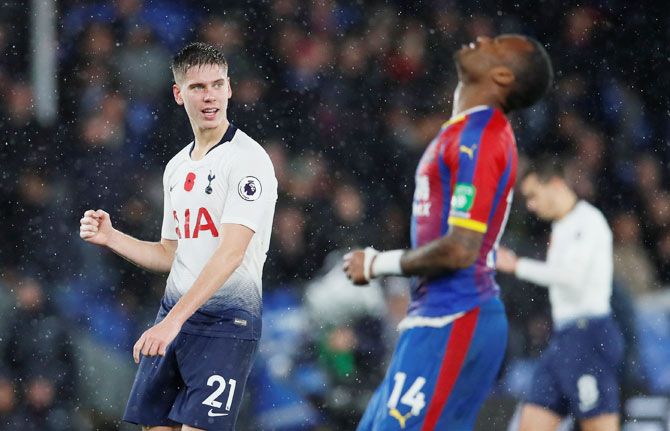 Tottenham's Juan Foyth celebrates after the match against Crystal Palace at Selhurst Park in London
