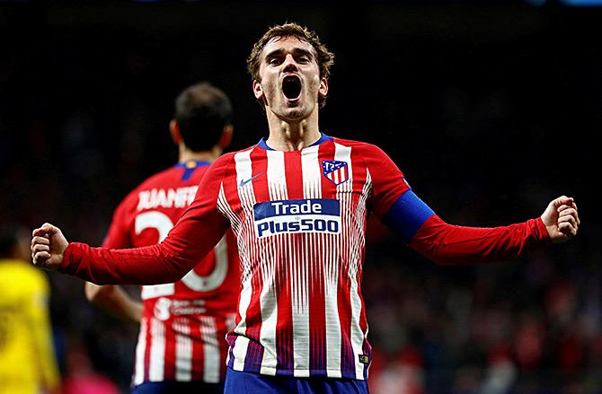 Atletico Madrid's Antoine Griezmann celebrates scoring the second goal against Borussia Dortmund in a Champions League game at the Wanda Metropolitano in Madrid, November 6, 2018. Photograph: Juan Medina/Reuters