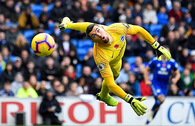 Brighton & Hove Albion's Mathew Ryan in action in the Premier League game against Cardiff City at the Cardiff City Stadium, November 10, 2018. Photograph: Toby Melville/Reuters
