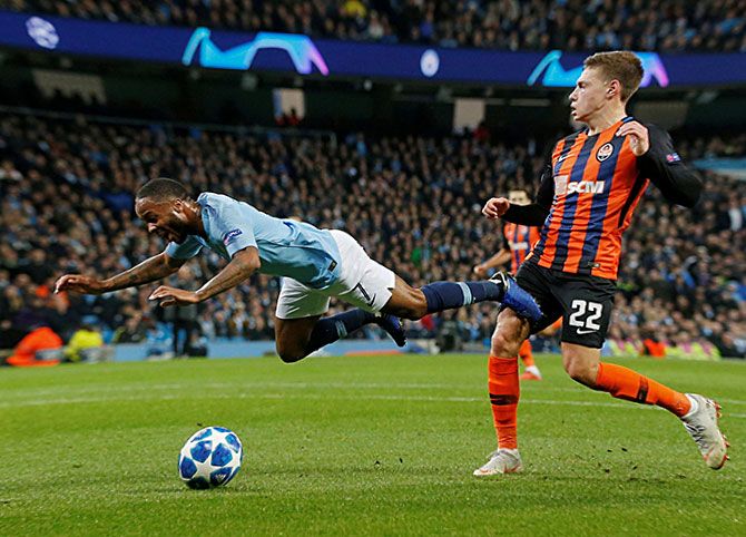 Manchester City's Raheem Sterling goes down and is awarded a penalty in the Champions League tie against Shakhtar Donetsk at the Etihad Stadium, Manchester, November 7, 2018. Photograph: Andrew Yates/Reuters