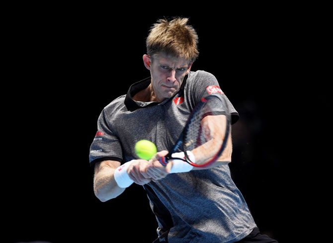 South Africa's Kevin Anderson in action against Japan's Kei Nishikori during his ATP Tour Finals group stage match at the O2 Arena in London on Tuesday