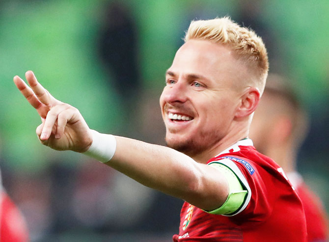 Hungary's Balazs Dzsudzsak celebrates after scoring against Finland