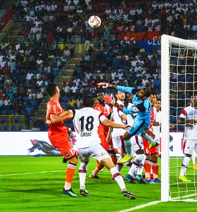 Action form the ISL match between NEUFC and FC Goa in Guwahati on Monday