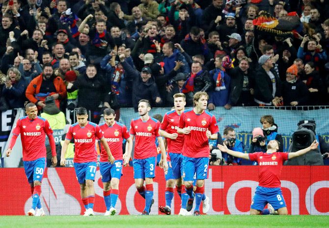 CSKA Moscow players celebrate their goal against Real Madrid