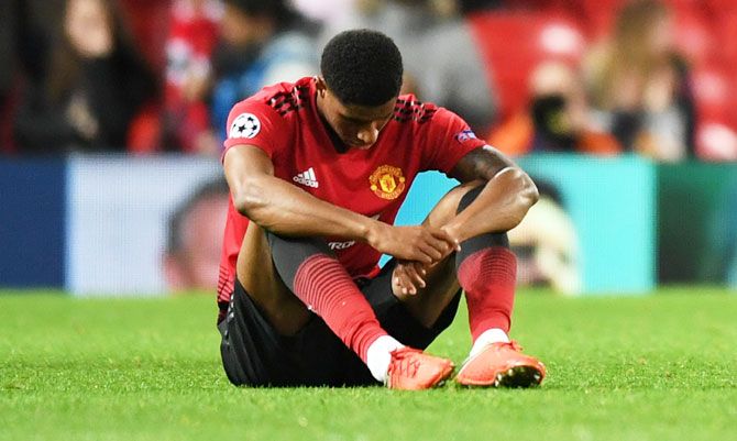 Manchester United's Marcus Rashford reacts after the full time whistle goes off after the Group H match UEFA Champions League between Manchester United and Valencia at Old Trafford in Manchester, United Kingdom, on Tuesday