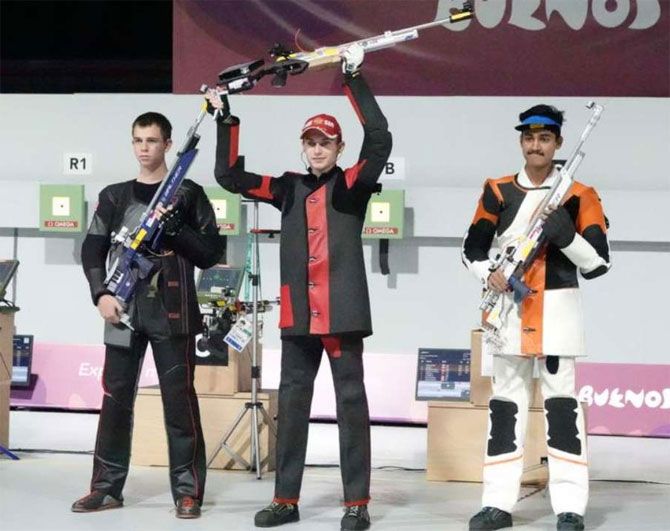 India's Tushar Mane (extreme right) on the podium with gold medallist Grigorii Shamakov (centre) and bronze medallist Aleksa Mitrovic
