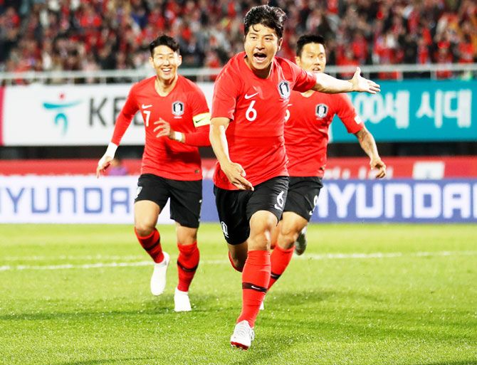 South Korea's Park Joo-Ho celebrates scoring their first goal against Panama at Cheonan Stadium, Cheonan, South Korea on Tuesday