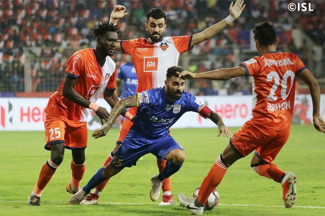 Action from the ISL match played between FC Goa and Mumbai City FC in Margao on Wednesday