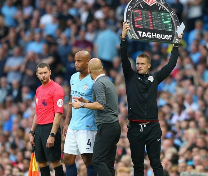 Vincent Kompany of Manchester City waits to come on as Pep Guardiola makes a substitution during the Premier League match. (Image used for representational purposes)