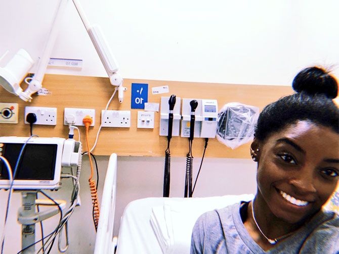 Gymnast Simone Biles posted a picture of herself in the Emergency Room in Doha