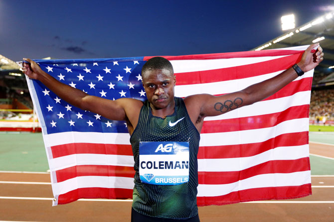 Christian Coleman of the U.S. celebrates after winning the men's 100m during the IAAF Diamond League Final at King Baudouin Stadium in Brussels, Belgium, on Friday