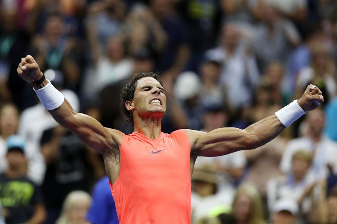 Spain's Rafael Nadal celebrates after winning his men's singles third round match against Russia's Karen Khachanov on Friday