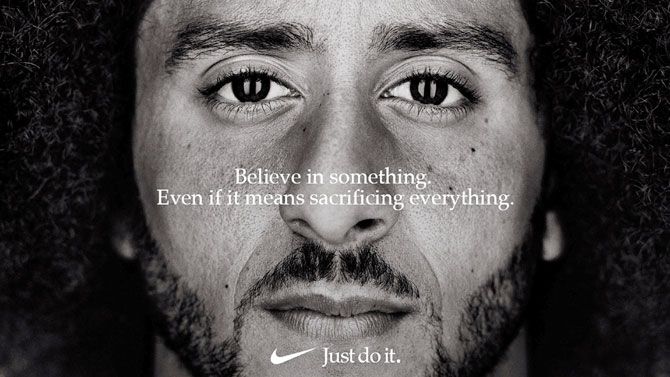 Former San Francisco quarterback Colin Kaepernick appears as a face of Nike Inc advertisement marking the 30th anniversary of its "Just Do It" slogan in this image released by Nike in Beaverton, Oregon, USA on Tuesday