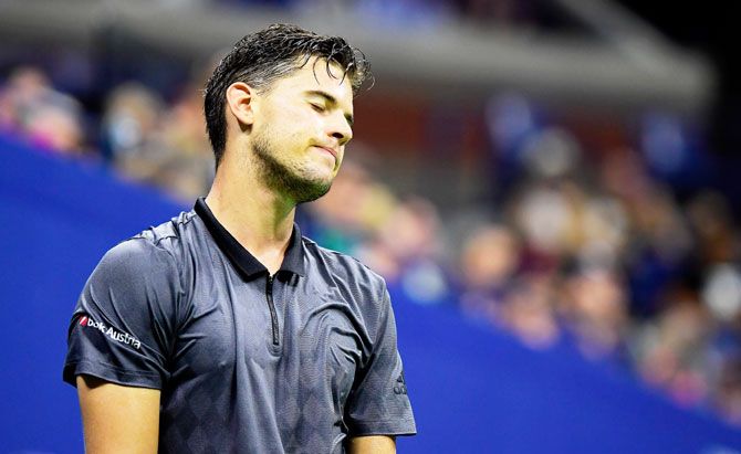 Dominic Thiem puts on a disappointed look after missing a point during his US Open quarter-final against Rafael Nadal on Tuesday