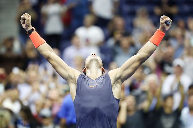 Spain's Rafael Nadal celebrates his five-set win over Austria's Dominic Thiem in the US Open men's singles quarter-final in the Flushing neighborhood of the Queens borough of New York City on Tuesday