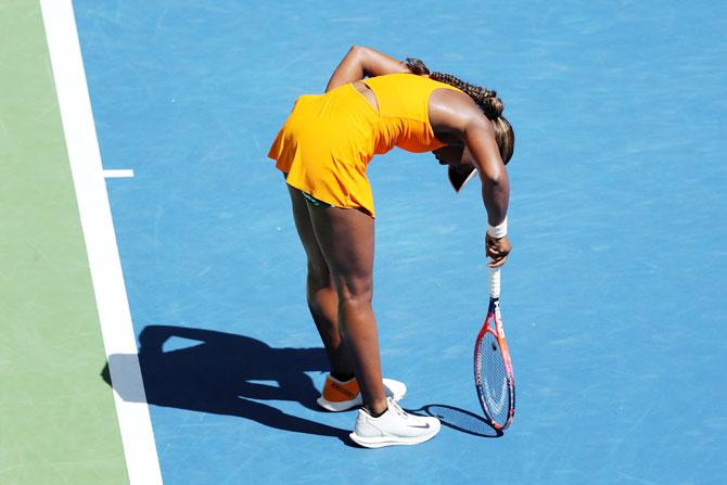 Sloane Stephens reacts during her women's singles quarter-final match against Latvia's Anastasija Sevastova on Tuesday