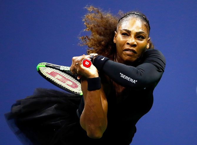Serena Williams returns the ball during the women's singles quarter-final match against Karolina Pliskova