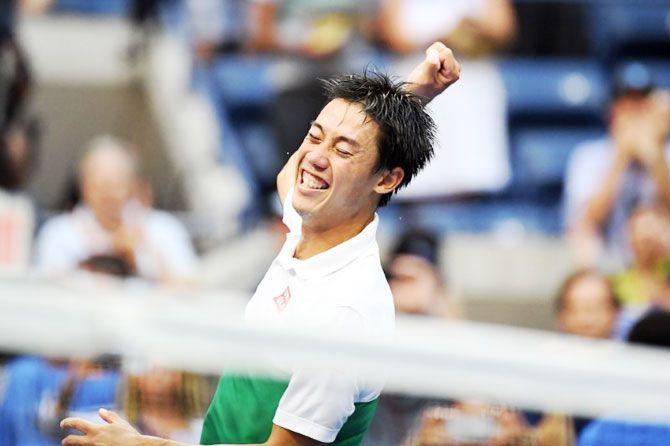 Japan's Kei Nishikori celebrates his quarter-final win over Croatia's Marin Cilic