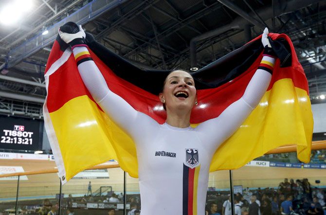 Germany's Kristina Vogel celebrates after winning gold in the UCI Track World Championships, Women's Sprint, final in Hong Kong in April last year. 