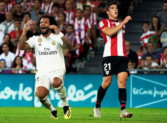 Real Madrid's Marcelo reacts during the match against Atletico Madrid