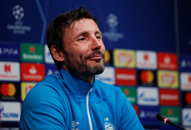 PSV Eindhoven coach Mark van Bommel at a press conference in Barcelona on Monday