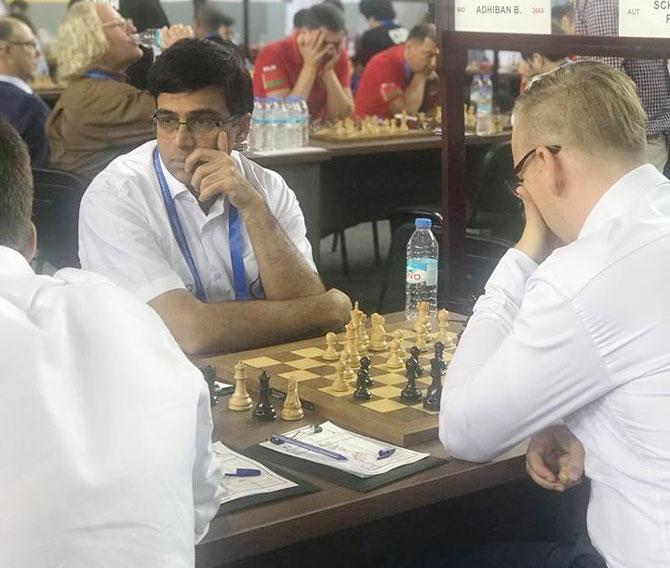 India's V Anand beat Markus Ragger and with their second 3.5-0.5 victory, the Indian men remain in joint lead on four points with 40 other teams and will next take on Canada.