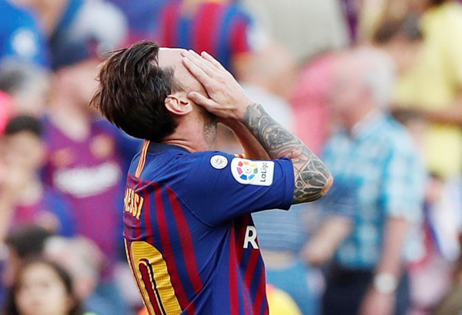 Barcelona's Lionel Messi reacts after the match between FC Barcelona and Athletic Bilbao at Camp Nou in Barcelona, Spain, on Saturday