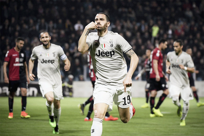 Juventus' Leonardo Bonucci celebrates after scoring against Cagliari during their Serie A match on Tuesday