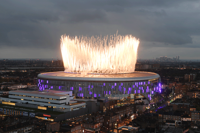 Fireworks explode off the new Tottenham Hotspur Stadium as part of its inaugural ceremony ahead of the English Premier League match between Tottenham Hotspur and Crystal Palace on Wednesday, April 3