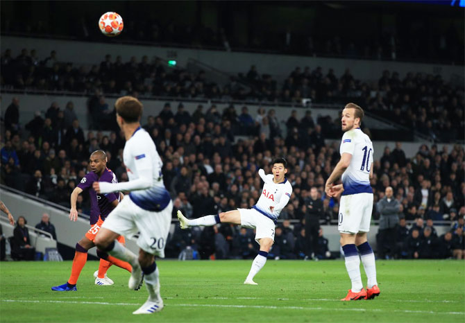 Tottenham Hotspur's Heung-Min Son scores against Manchester City during their UEFA Champions League match at Tottenham Hotspur Stadium in London on Tuesday