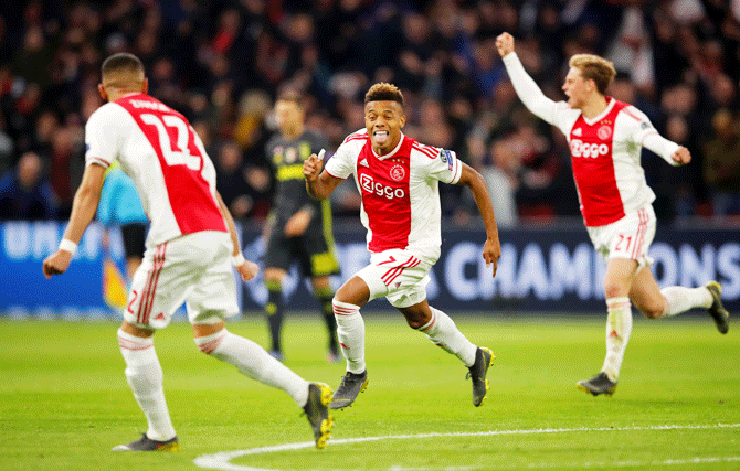 Ajax's David Neres celebrates on scoring the equaliser against Juventus in their UEFA Champions League match on Wednesday