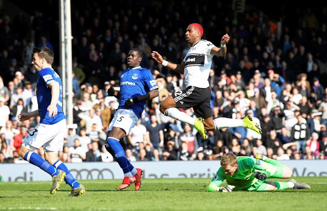 Fulham's Ryan Babel scores their second goal against Everton at Craven Cottage in London on Saturday 