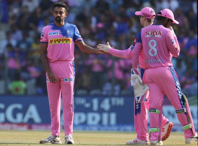 Rajasthan Royala' Dhawal Kulkarni celebrates after taking the wicket of MI's Suryakumar Yadav on Saturday