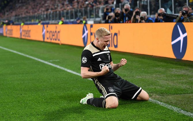 Ajax's Donny van de Beek  celebrates after scoring against Juventus at Allianz Stadium in Turin, Italy