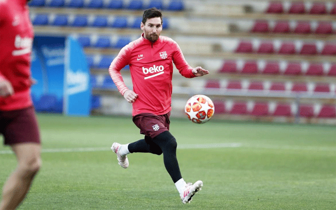 FC Barcelona's Lionel Messi during a training session at Camp Nou on Monday