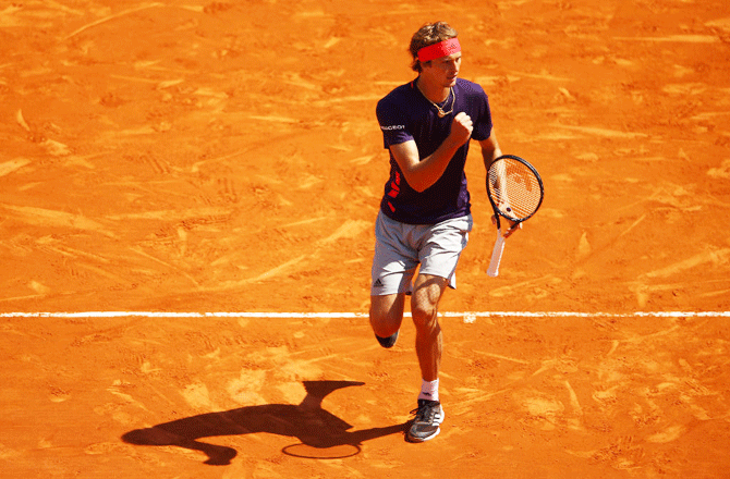 Germany's Alexander Zverev celebrates a point against Canada's Felix Auger-Aliassime in their second round match of the Rolex Monte-Carlo Masters at Monte-Carlo Country Club in Monte-Carlo, Monaco, on Wednesday
