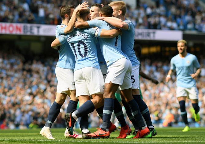 Raheem Sterling of Manchester City in action. UEFA Champions league match,  quarter final, 2nd leg match ,Manchester City v Tottenham Hotspur at the  Etihad Stadium in Manchester on Wednesday 17th April 2019.