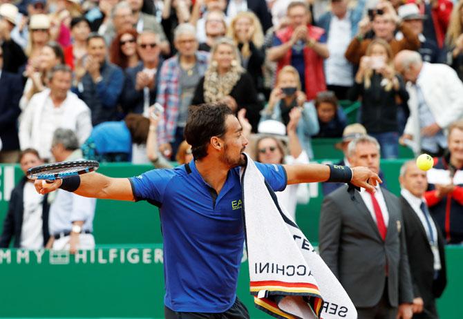 Italy's Fabio Fognini celebrates winning his semi-final win against Spain's Rafael Nadal at Monte Carlo Masters - Monte-Carlo Country Club, Roquebrune-Cap-Martin, France on Saturday