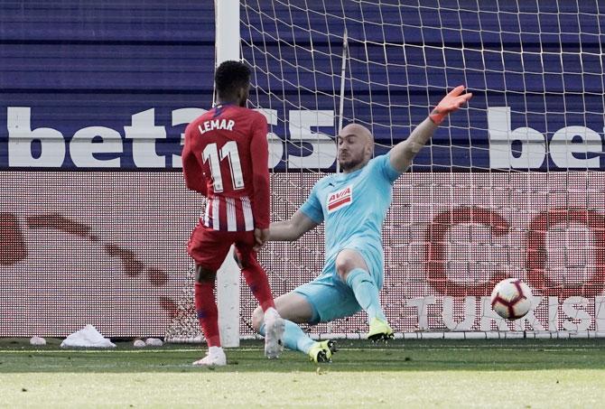 Atletico Madrid's Thomas Lemar scores against Eibar in their La Liga match at Ipurua, Eibar, on Saturday