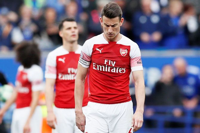 Arsenal's Laurent Koscielny looks dejected after the match against Leicester City