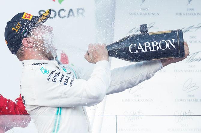 Mercedes' Valtteri Bottas celebrates winning the Azerbaijan Grand Prix in Baku City Circuit, Baku, on Sunday 