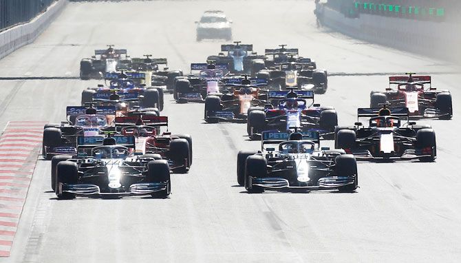Mercedes' Valtteri Bottas leads teammate Lewis Hamilton at the start of the race