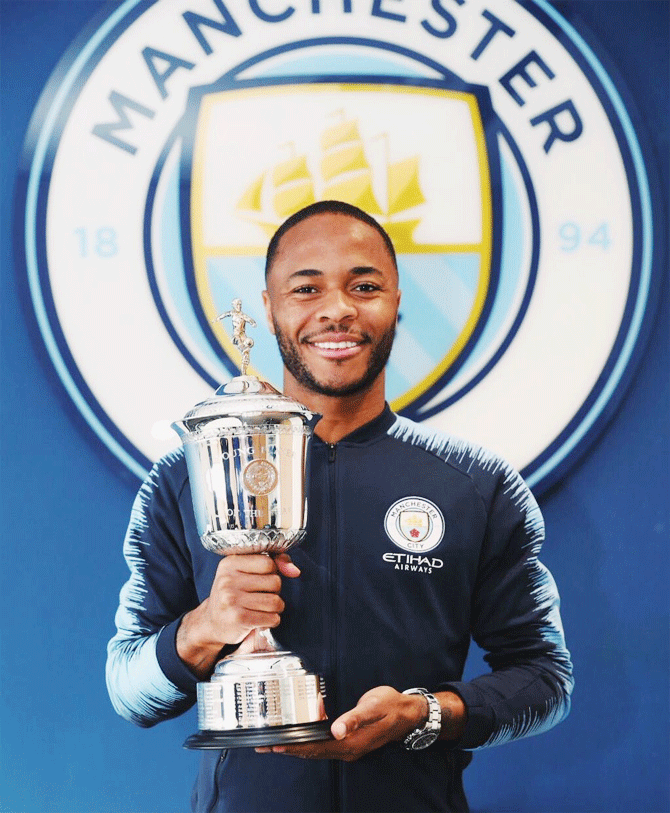 Manchester City's Raheem Sterling with the Football Writers' Association Footballer of the Year award
