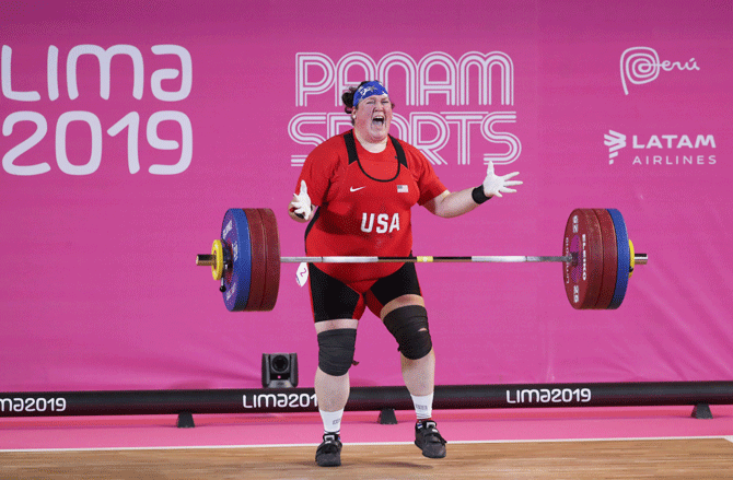 United States's Sarah Robles reacts after a lift during the women's +87kg Group A weightlifting competition at Coliseo Mariscal Caceres on July 30