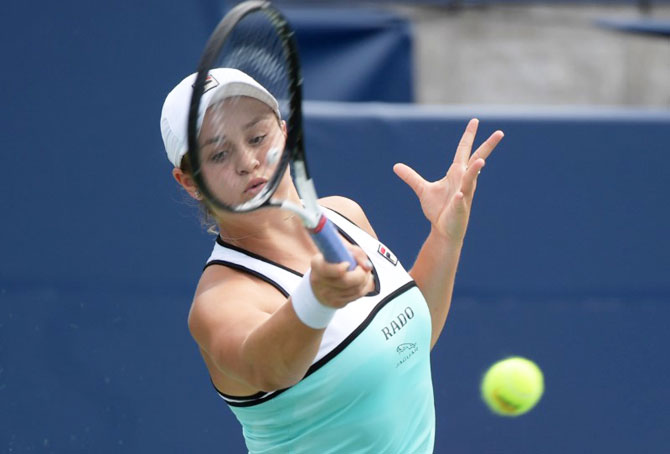 Australia's Ashleigh Barty plays a shot during her 2nd round loss against USA's Sofia Kenin in the Rogers Cup tennis tournament at Aviva Centre in Toronto, Canada, on Tuesday