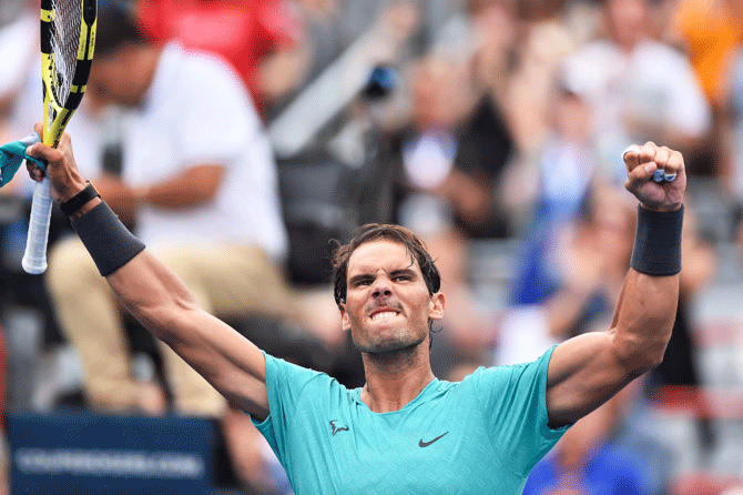 Spain's Rafael Nadal celebrates his 7-6, 6-4 victory over Great Britain's Daniel Evans on Day 6 of the Rogers Cup at IGA Stadium in Montreal, Quebec, Canada, on Wednesday